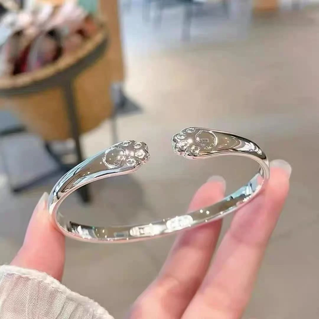 足银手镯 猫爪足银999.9开口镯精工可爱甜美款
