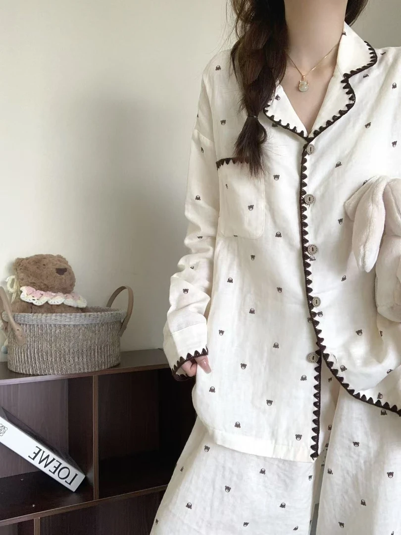 2025新款睡衣女春秋季卡通熊头印花长袖长裤学生可外穿家居服套装