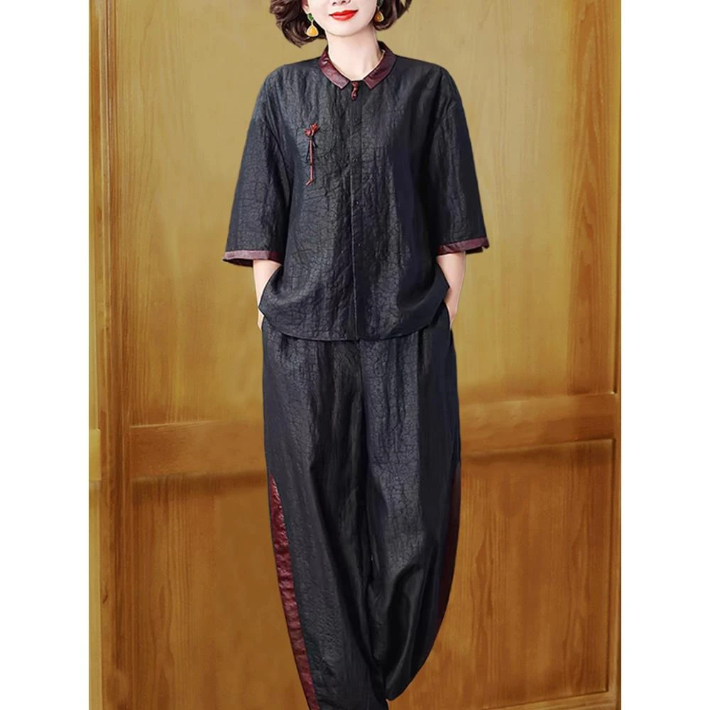 KARME MAJE香云纱套装女夏新款中式复古真丝上衣桑蚕丝两件套大码