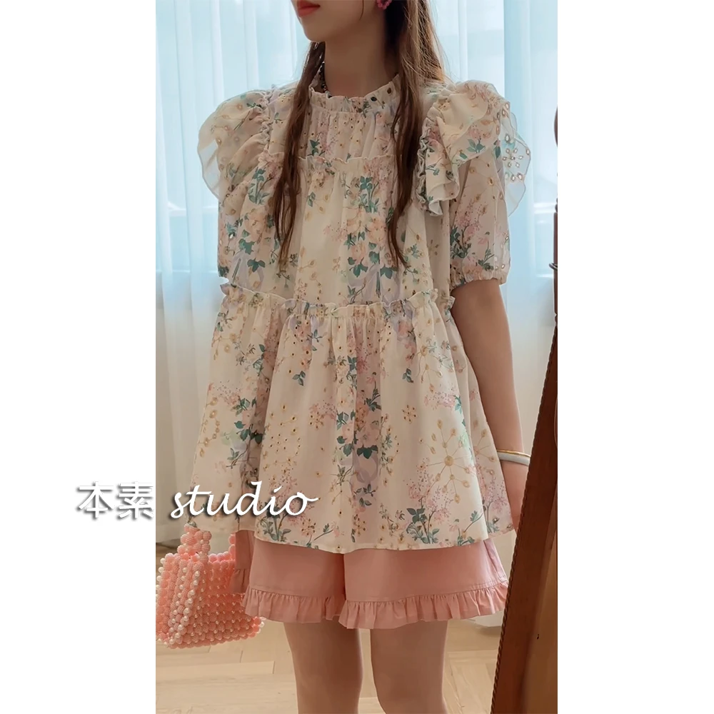 夏日繁花C0807印花镂空刺绣木耳边立领短袖衬衫