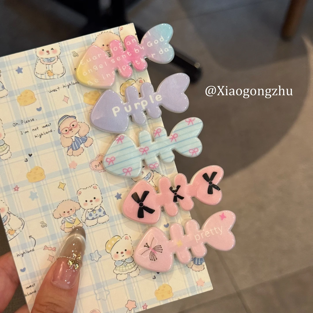 甜美彩色鱼骨KT发夹透明糖果卡通百搭鸭嘴夹日韩百搭夏天发卡