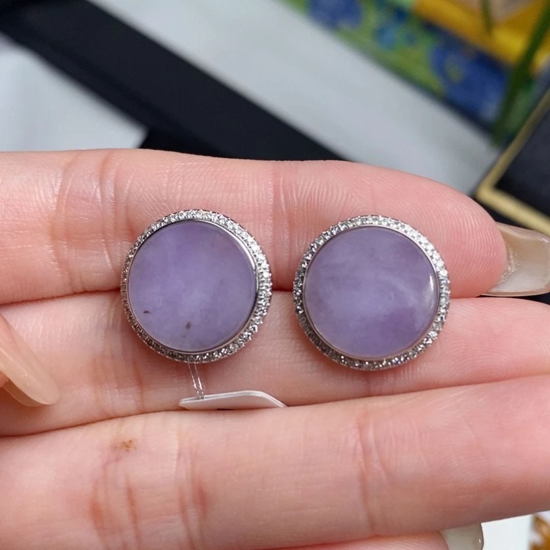 翡翠耳饰18K金镶嵌冰紫圆牌