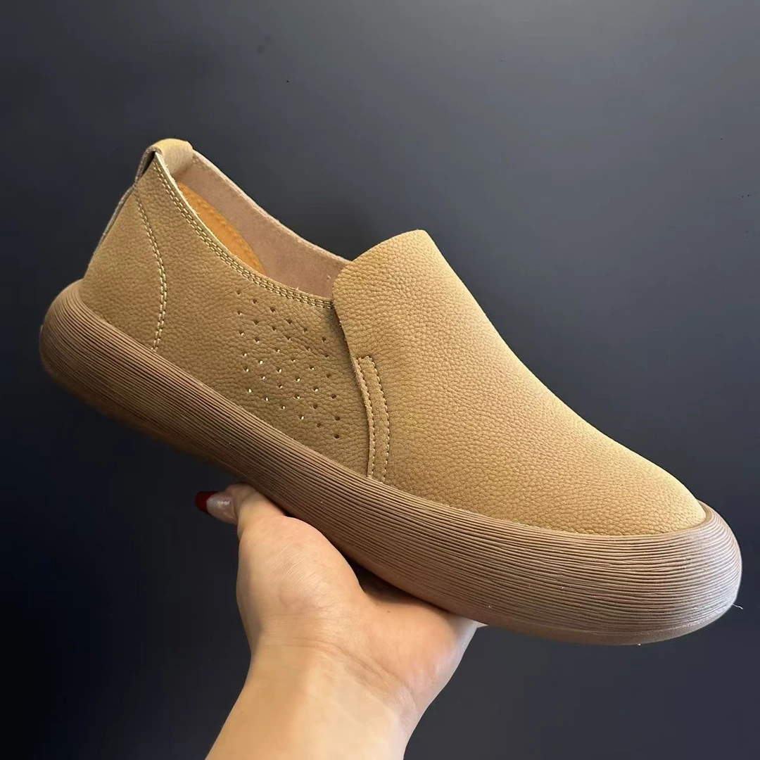 头层牛皮简约一脚蹬男鞋透气休闲皮鞋套筒休闲风车缝线防臭6113