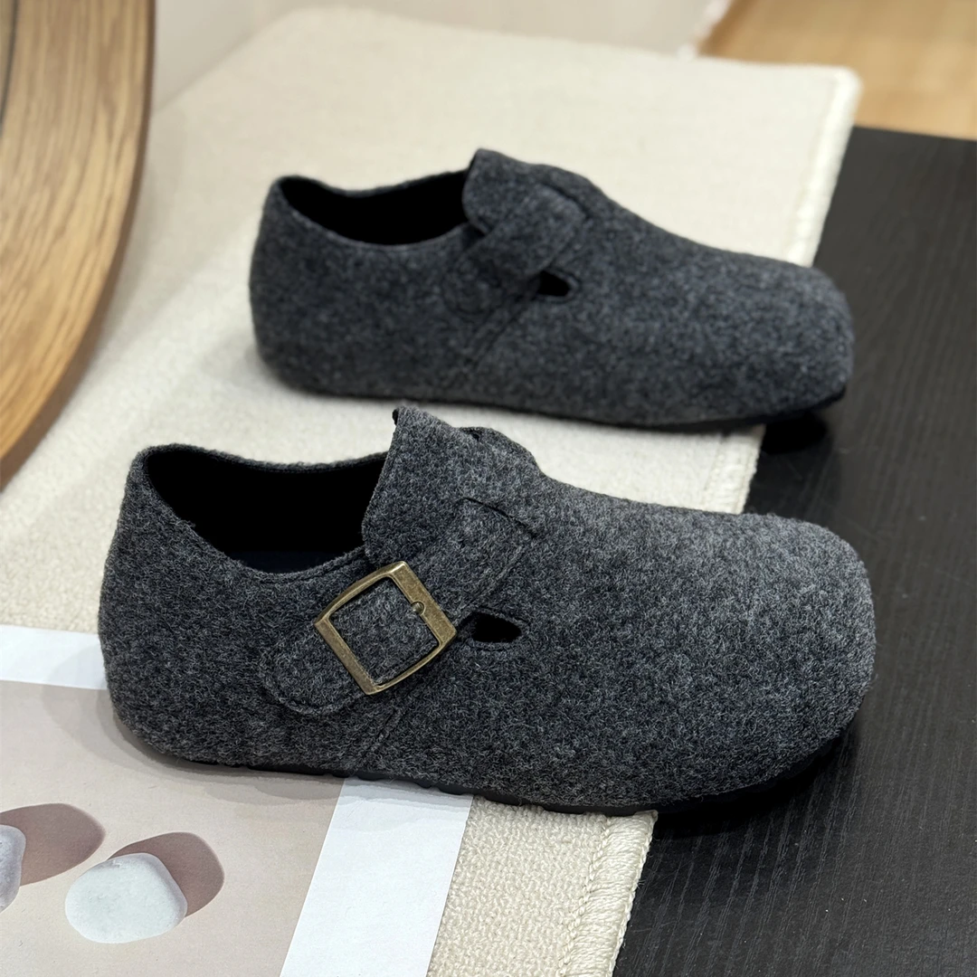 网红保暖一脚蹬毛呢加绒勃肯鞋女2025新款冬复古洋气内增高毛毛鞋