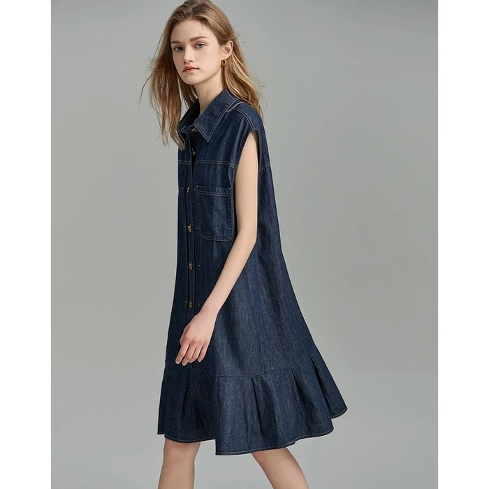 【女装优选HQ】dme德玛纳翻领宽松対褶a字牛仔连衣裙G139222052401
