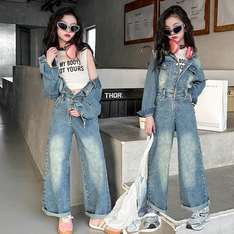 女童牛仔连体裤2025春秋新款儿童长袖连体衣网红时髦中大童裤子