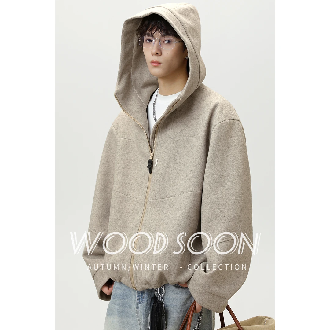 WOODSOON男士毛呢连帽外套潮牌高领帽衫宽松秋冬新款纯色开衫卫衣