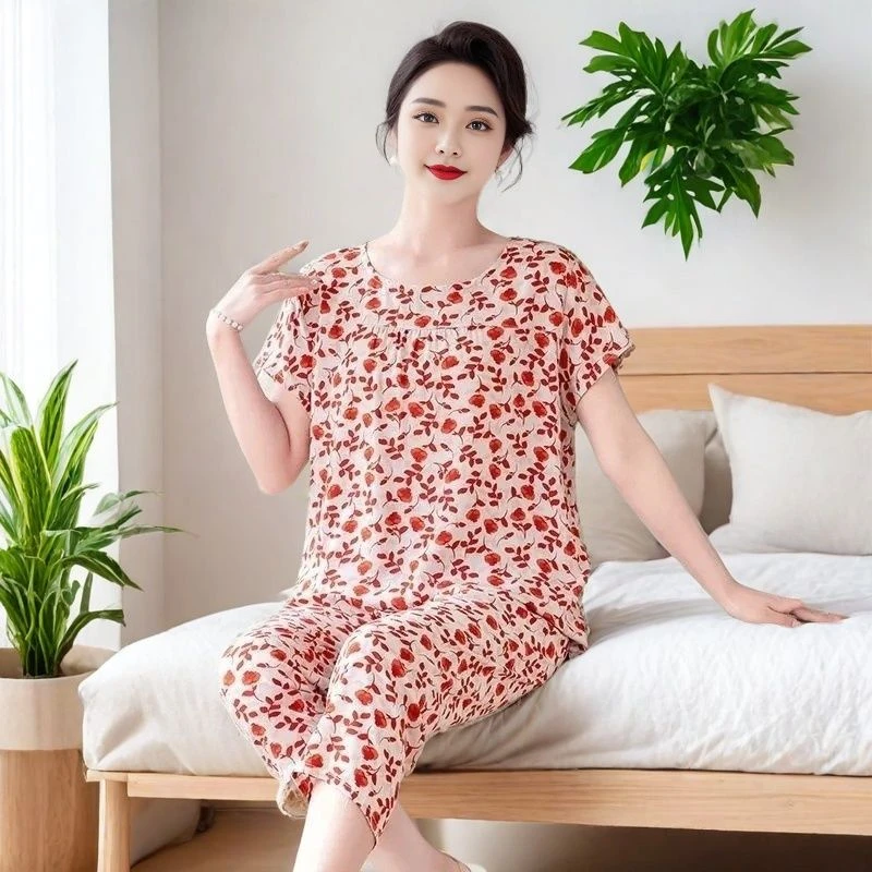 A15妈妈装夏季薄款2025新款女士棉绸家居服套装中老年人短袖两件