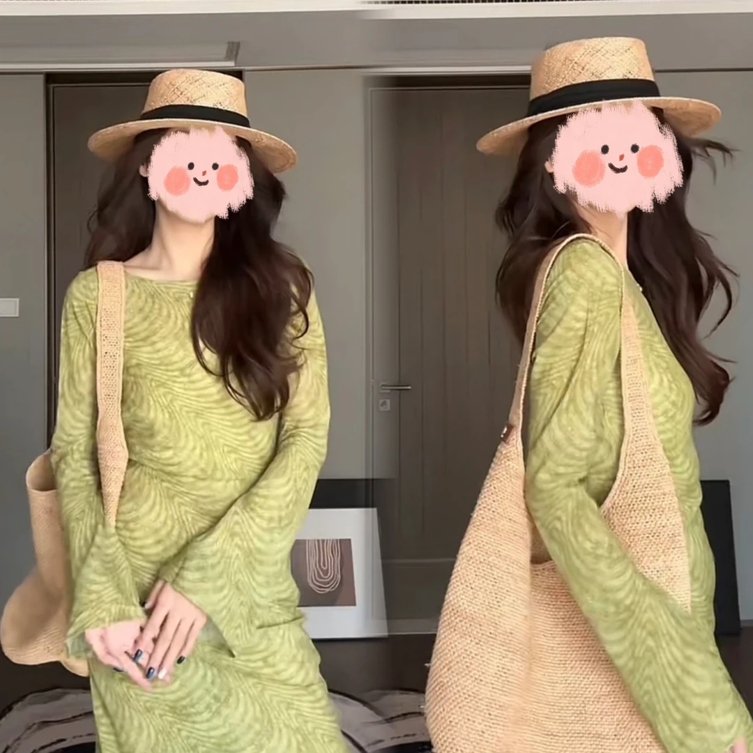 2567＃2夏季女法式复古气质印花显瘦修身长袖连衣裙