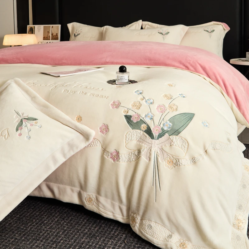 富安娜A类母婴牛奶绒刺绣四件套双面绒被套床单床笠宿舍床上用品4