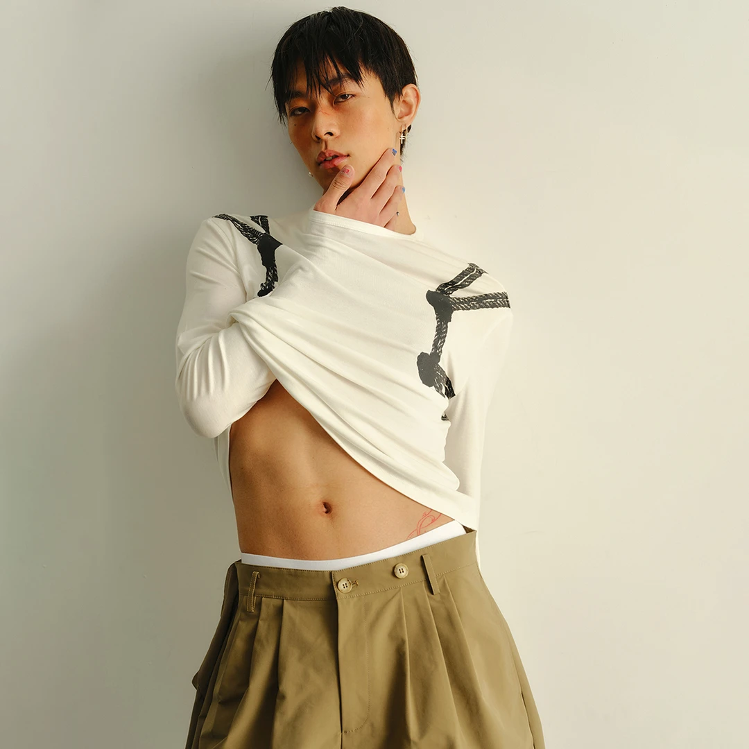 KADAKADA原创小众莱赛尔轻薄透气修身性感休闲绳索捆绑印花上衣