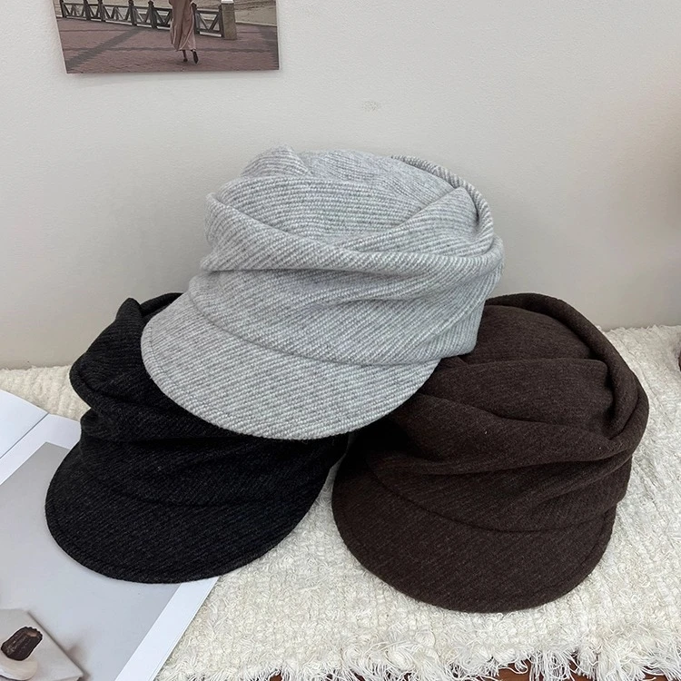 秋冬新款小众设计感褶皱鸭舌帽女舒适时尚复古羊毛报童帽马术帽潮