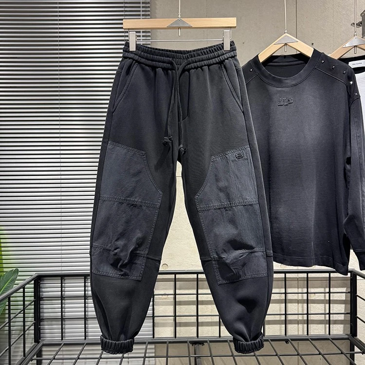 高品质秋冬新款休闲卫裤男宽松复古水洗束脚裤潮流拼接运动哈伦裤
