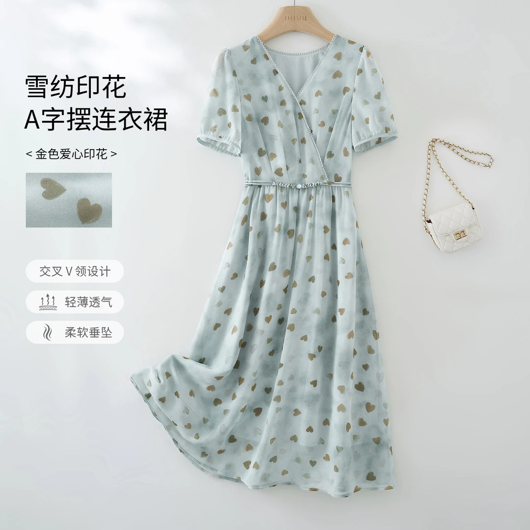 IHIMI/海谧【爱乐之城】2025夏新款女装气质v领收腰显瘦印花连衣裙