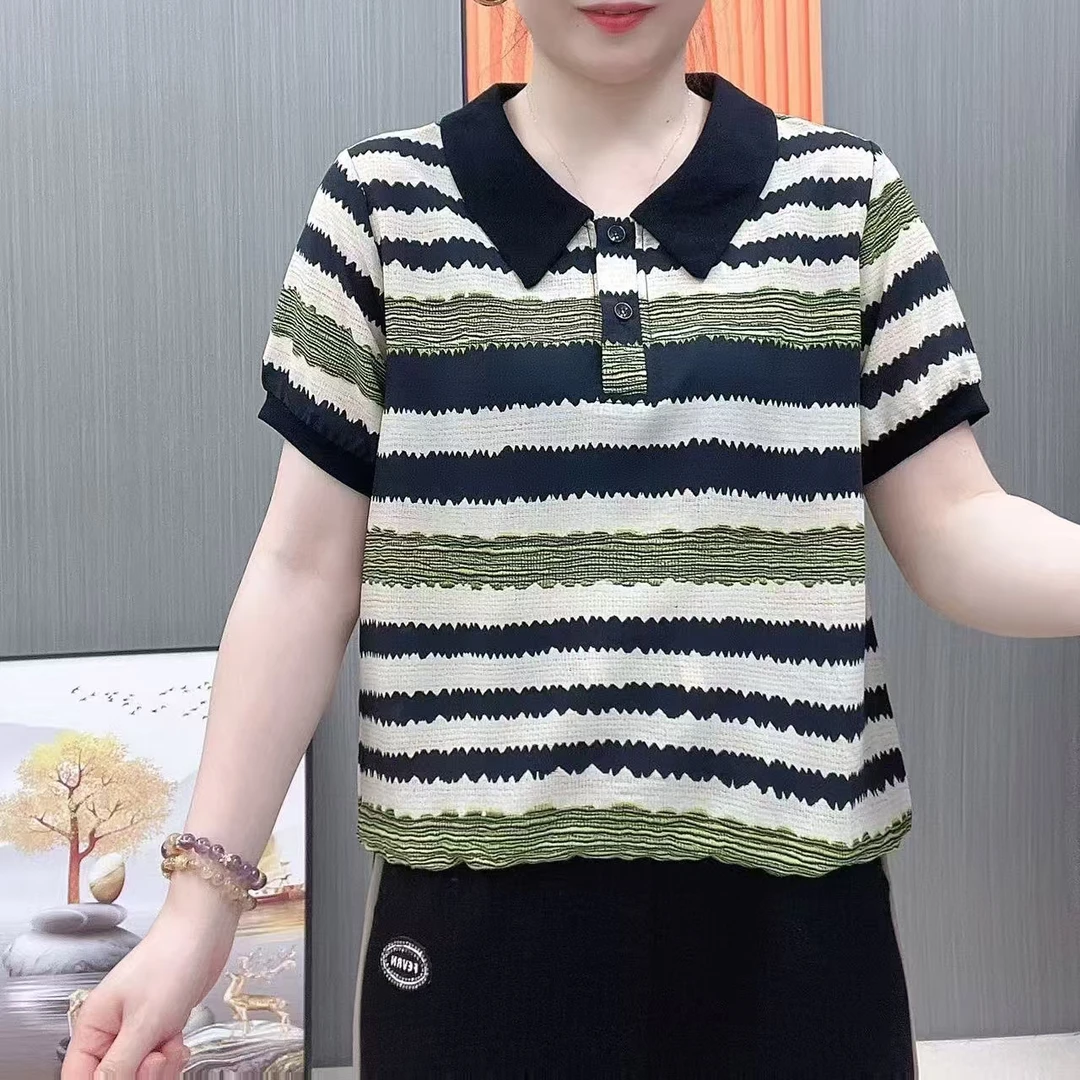 翻领女装夏季条纹印花上衣女士夏装