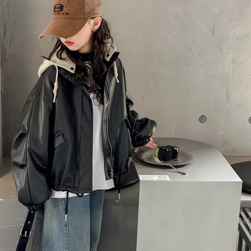 女童皮衣春秋2025新款中大童拉链外套洋气时髦翻领上衣黑色皮夹克