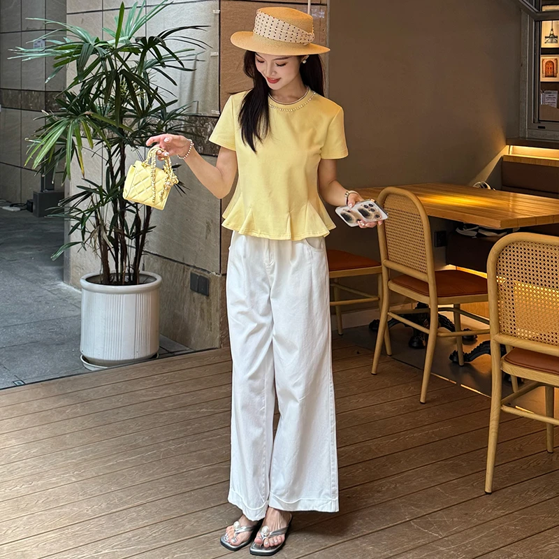 韩系减龄一整套休闲套装女2025夏季新款时尚显瘦阔腿裤搭配两件套