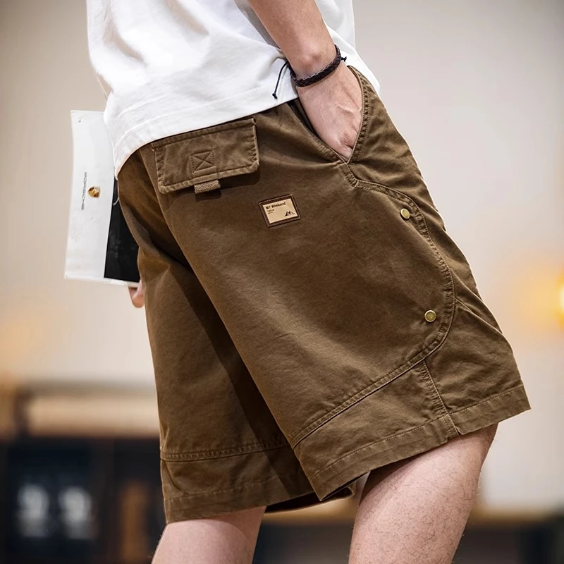 美式复古水洗拼接工装短裤男夏季新款宽松休闲五分裤纯棉5分中裤