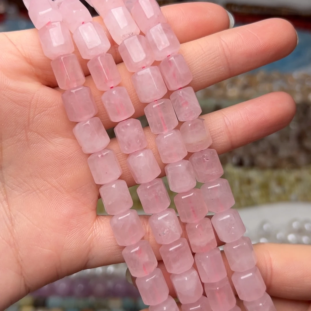 玛瑙/玉髓合金珠宝半成品Y302。7.6mm粉水晶刻面桶珠一条