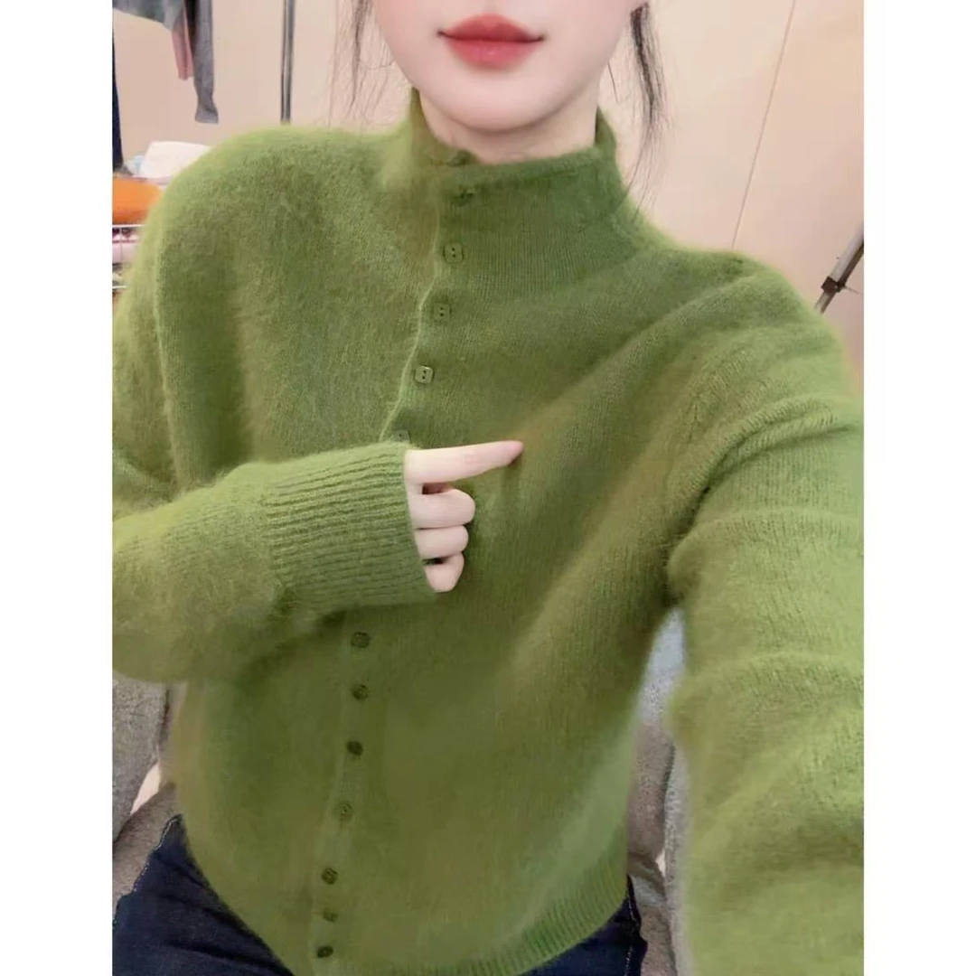 半高领慵懒风小方扣针织开衫女绿色长袖外搭毛衣