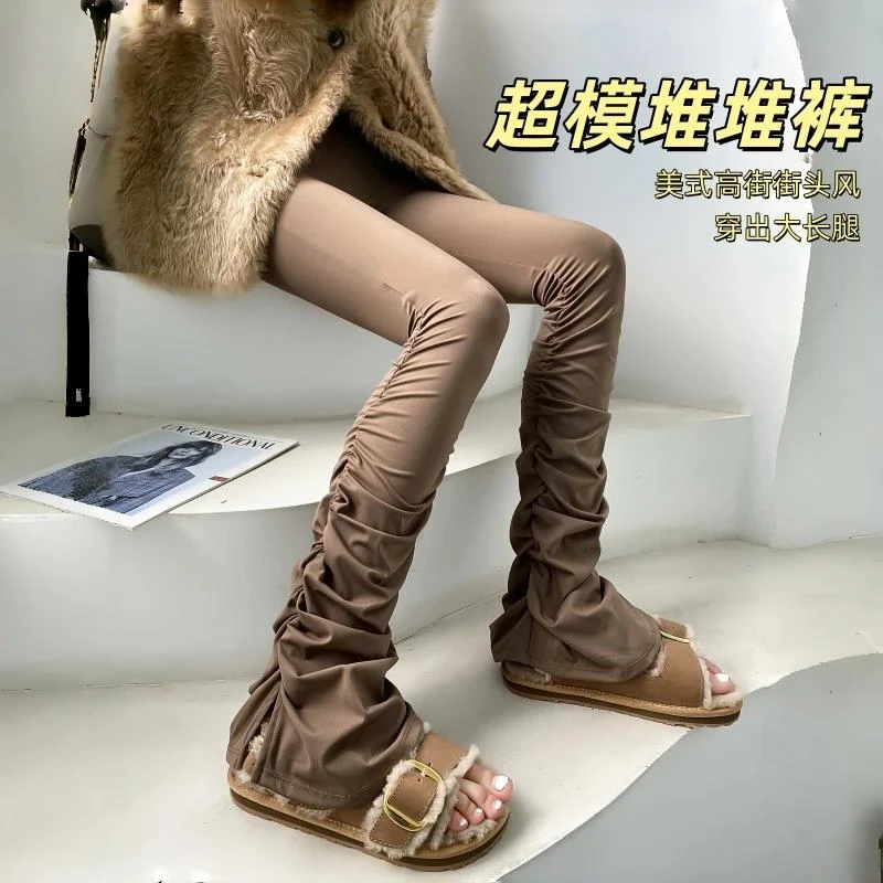 美式高阶辣妹高腰显瘦褶皱堆堆裤女运动外穿微喇叭裤运动瑜伽裤子