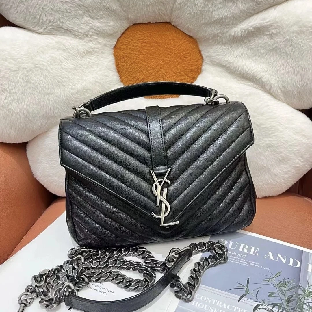 95新 YSL/圣罗兰 圣罗兰 V纹信封包 黑银 单肩斜挎包(11520154)