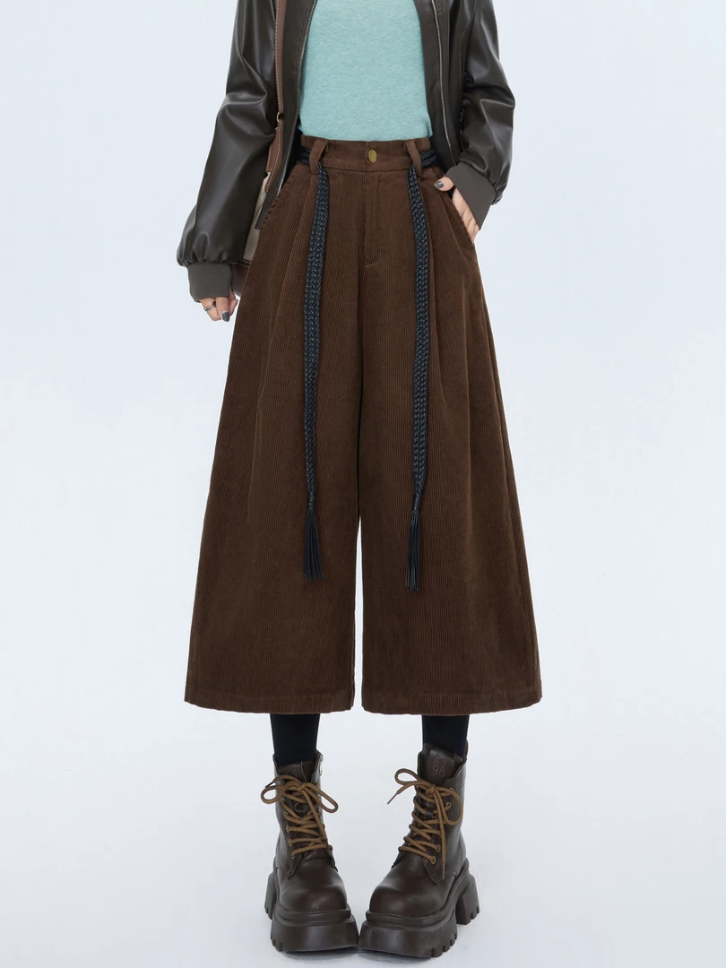 复古咖色灯芯绒西装裤女秋冬季小个子高腰显瘦宽松直筒七分阔腿裤