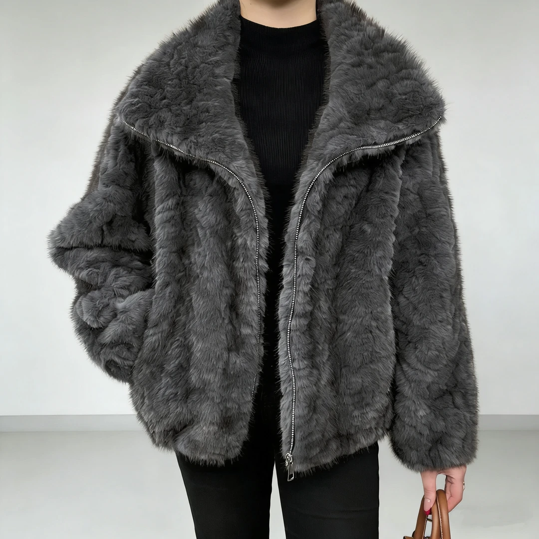 双色花狐时尚女休闲纯色拉链短外套立领秋冬冬季开衫大毛领