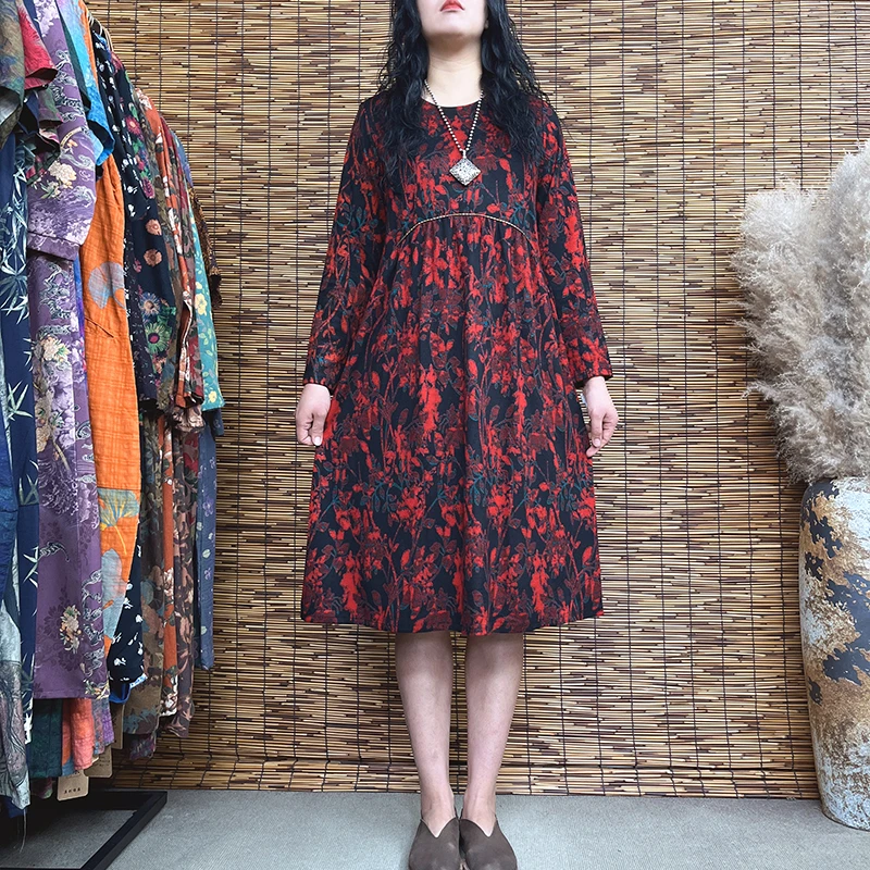 2833#秋冬妈妈装2025新款复古A字版宽松长袖加厚中长款大码连衣裙