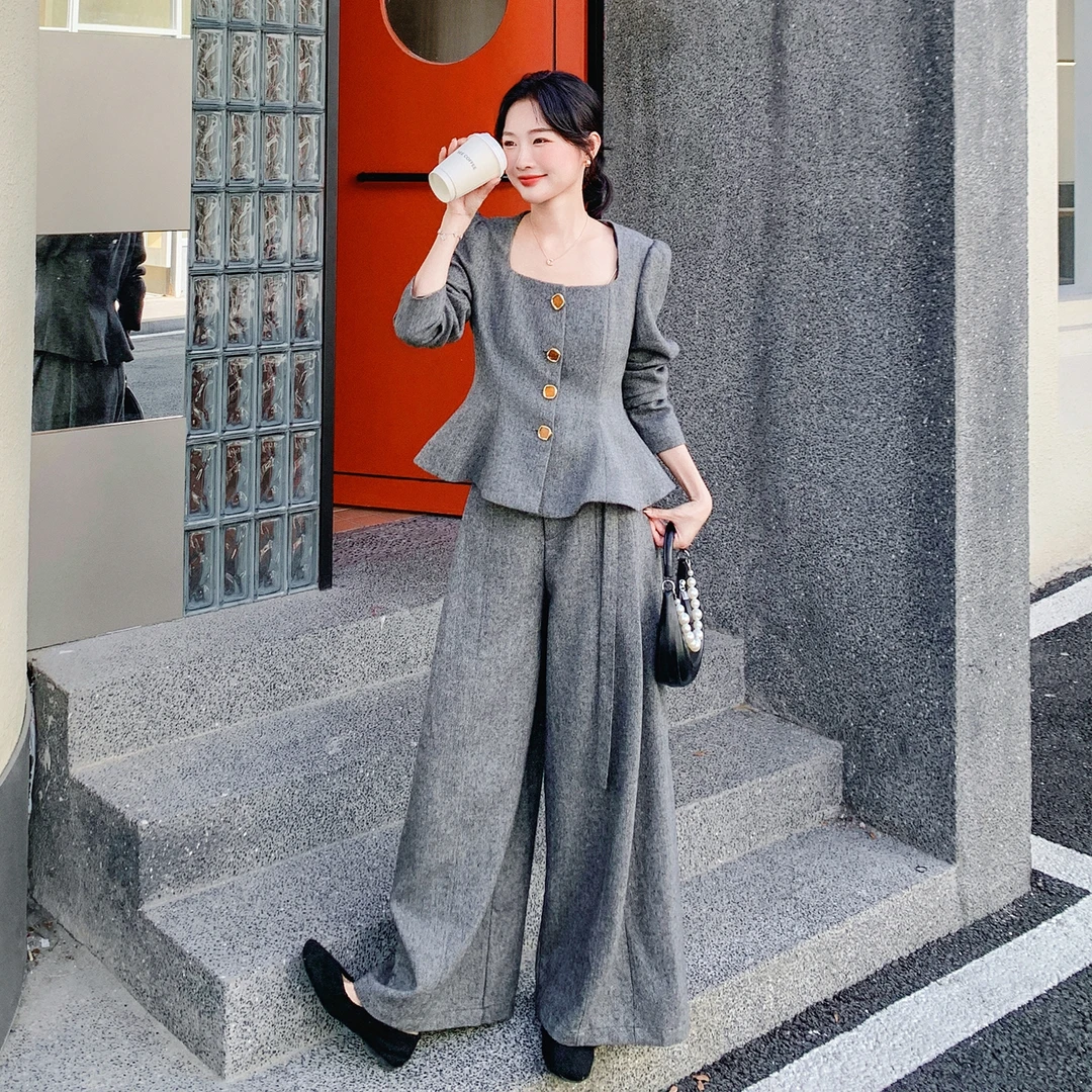 韩剧女主千金风套装裤女2025春秋新款巨显瘦方领上衣阔腿裤两件套