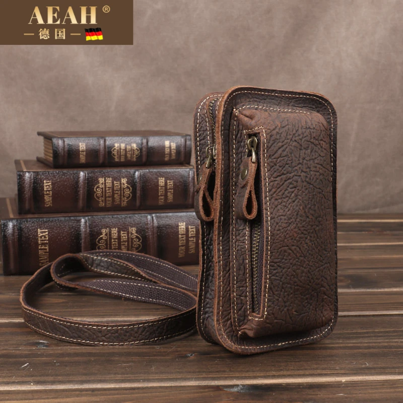 AEAH新款真皮腰包男多功能疯马牛皮手机袋竖款穿皮带手机包户外小
