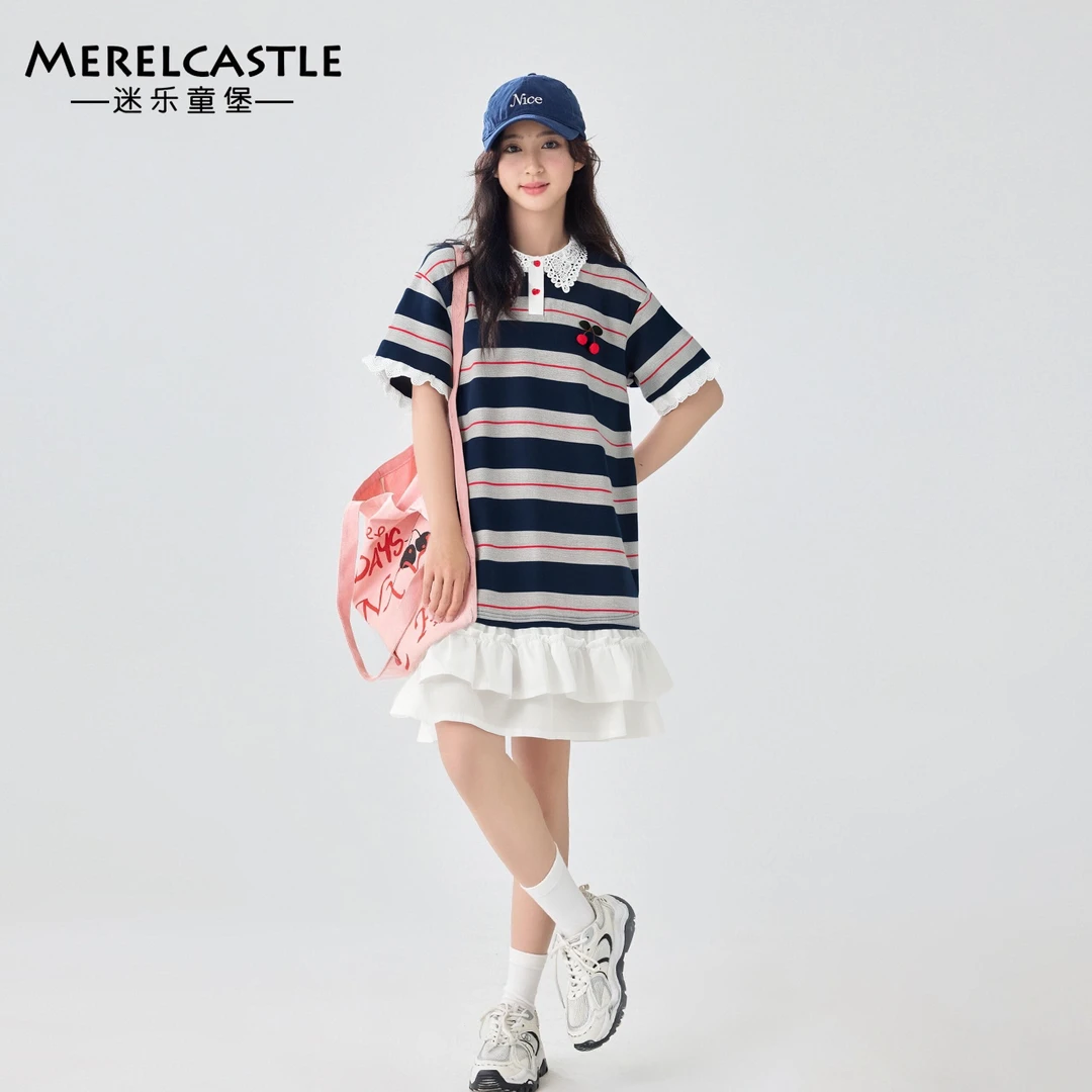 C5693女大童樱桃拼接条纹连衣裙