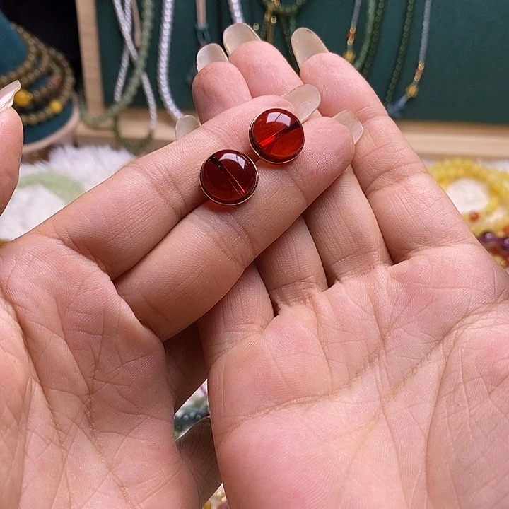 银S925镀金镶嵌琥珀耳饰血珀耳钉