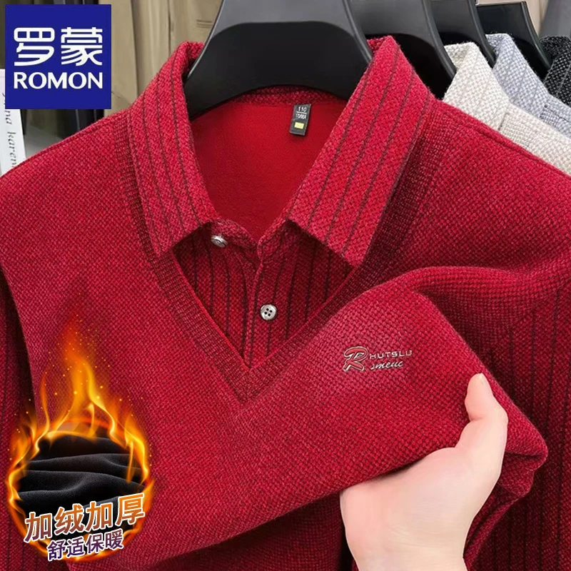 【加绒加厚】罗蒙商务假两件本命年中青年毛衣男士秋冬季翻领针织衫