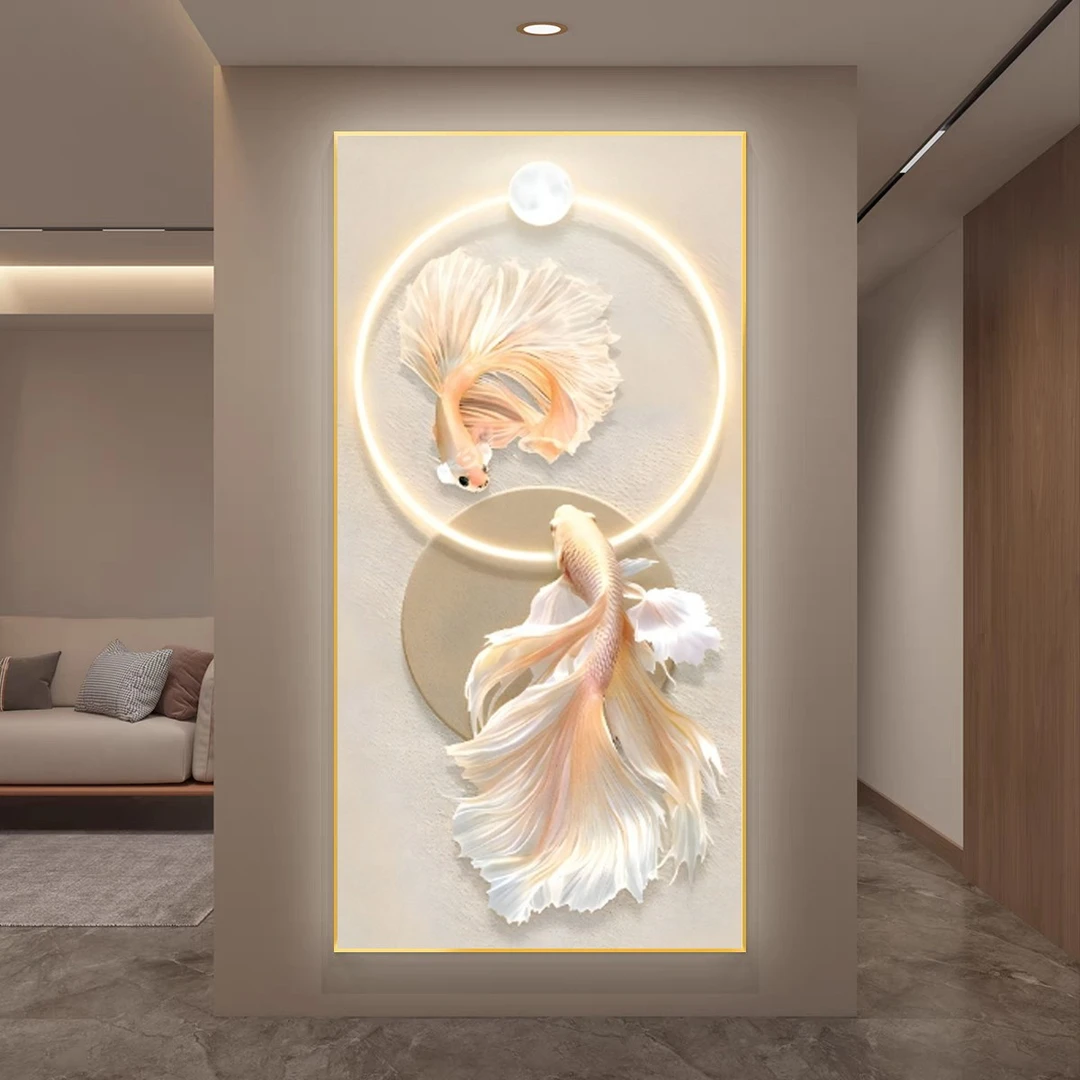 新中式带灯玄关装饰画荷花九鱼壁画高档大气走廊过道进门竖版挂画