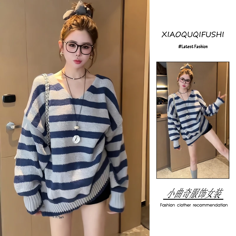 2025年秋季韩系复古时尚潮流百搭精品女装宽松条纹毛衣短裤两件套