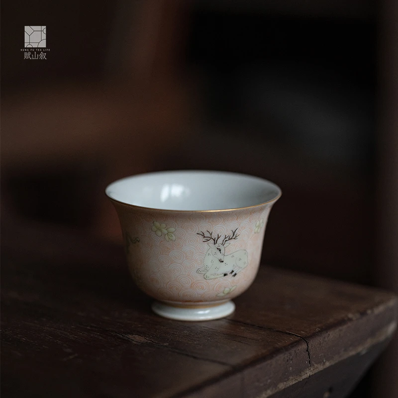 【赋山堂官方】禄鹿圈纹主人杯手绘粉彩描金品茗杯景德镇陶瓷茶杯