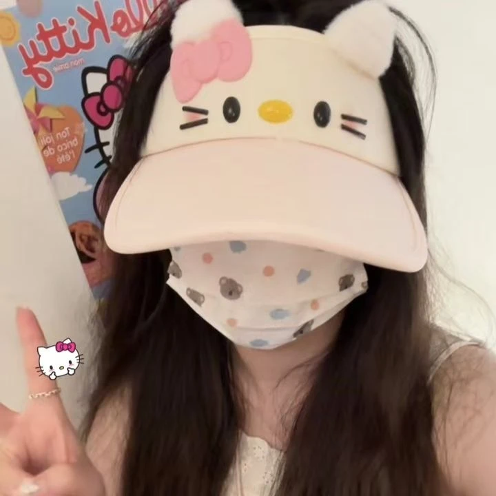 HelloKitty防晒空顶帽可爱棒球帽遮阳大帽檐显脸小卡通少女遮阳帽