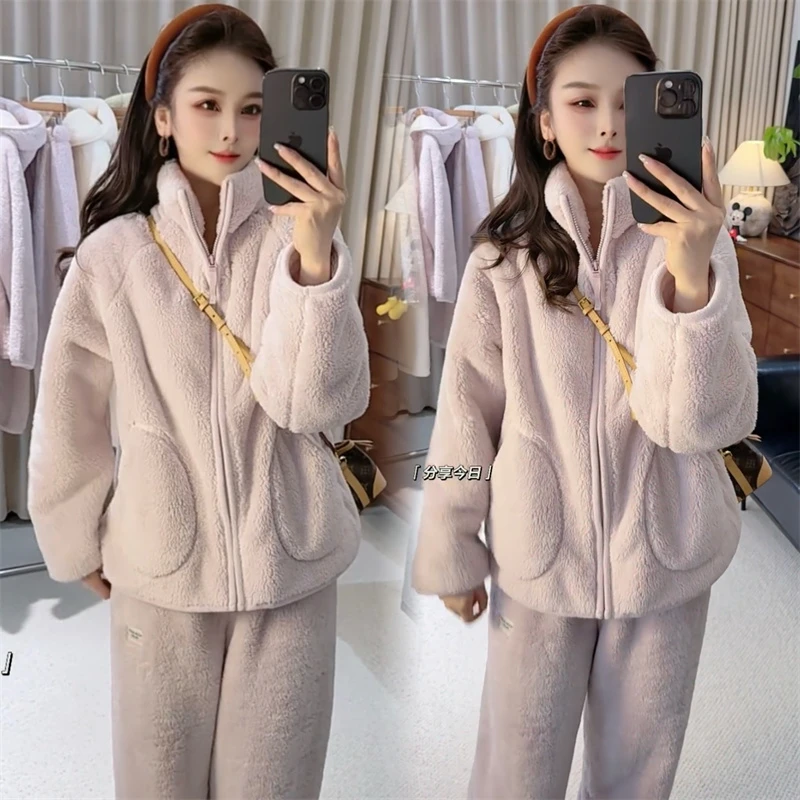 2025秋冬新款双面珊瑚绒加厚保暖舒适休闲居家服套装女两件套睡衣