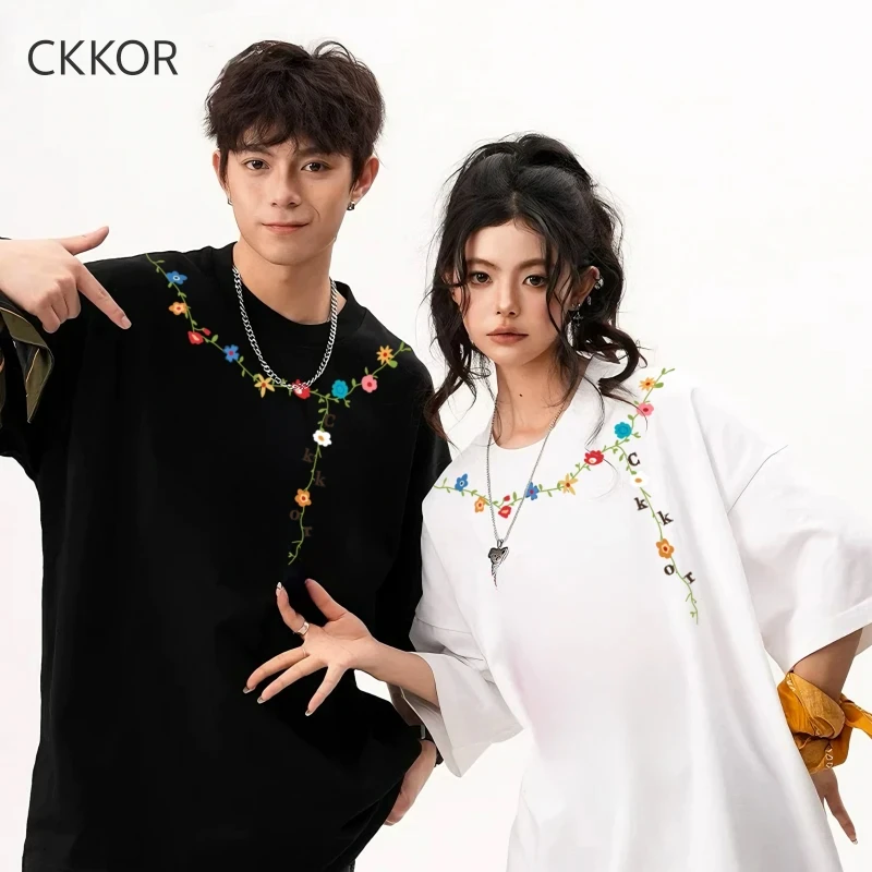 CKKOR夏季新款花卉显瘦短袖t恤男女美式高街情侣学院风穿搭上衣服