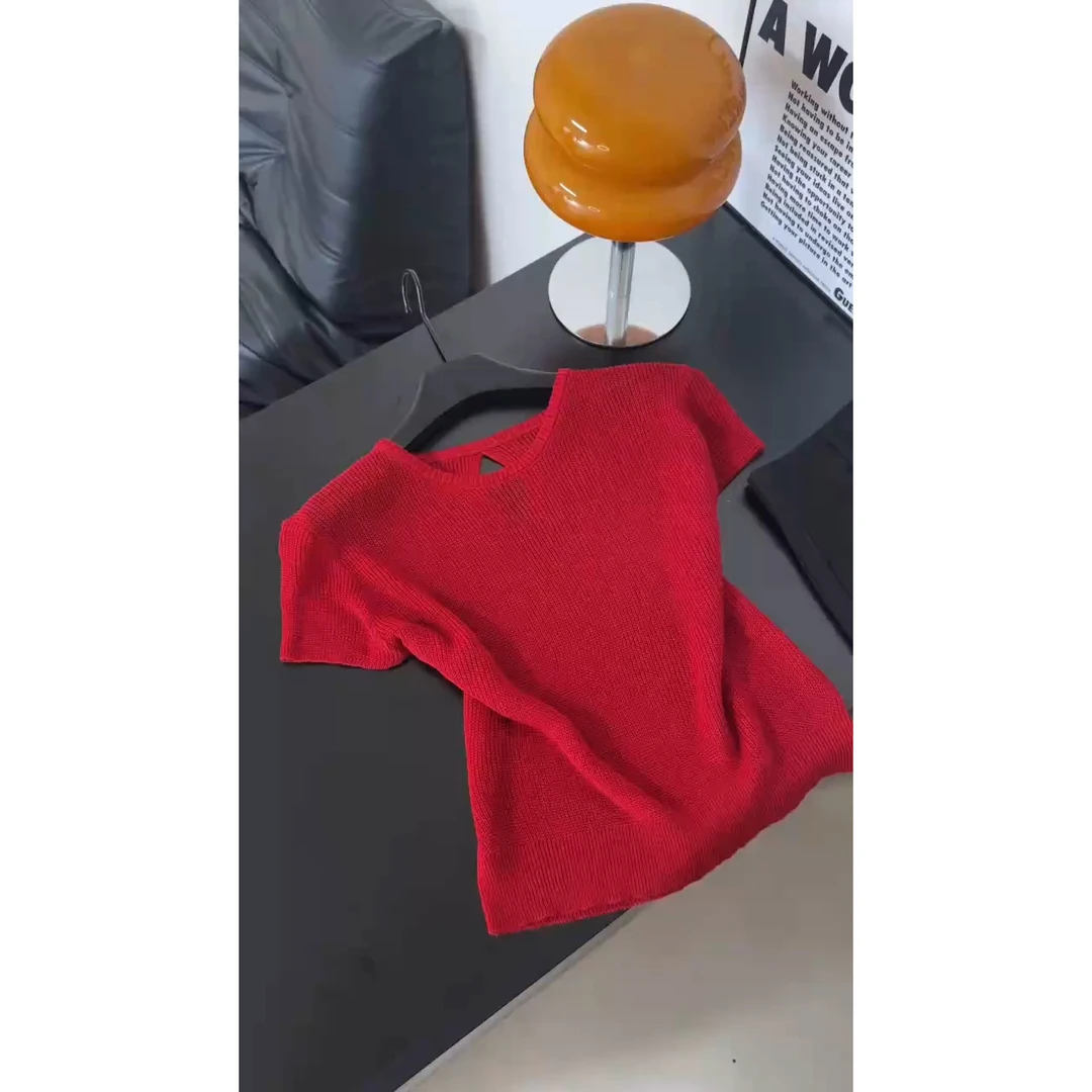 法式镂空针织短袖t恤女2025夏季新款韩版时尚百搭显瘦圆领上衣