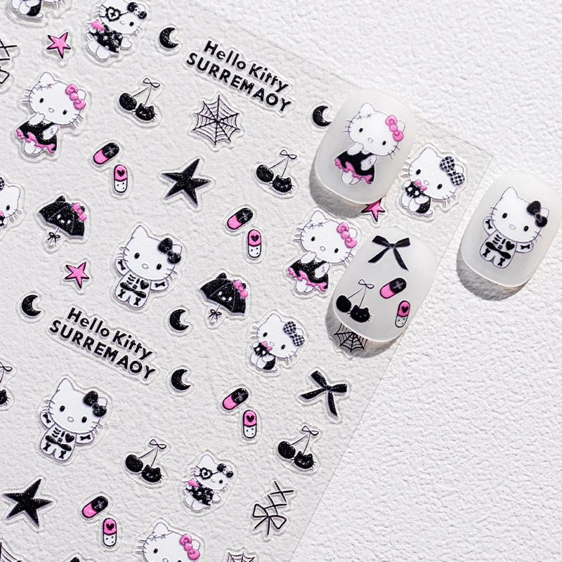 Sky暗黑骨骼KT凯蒂猫白色立体美甲贴纸diy装饰贴自带背胶指甲贴