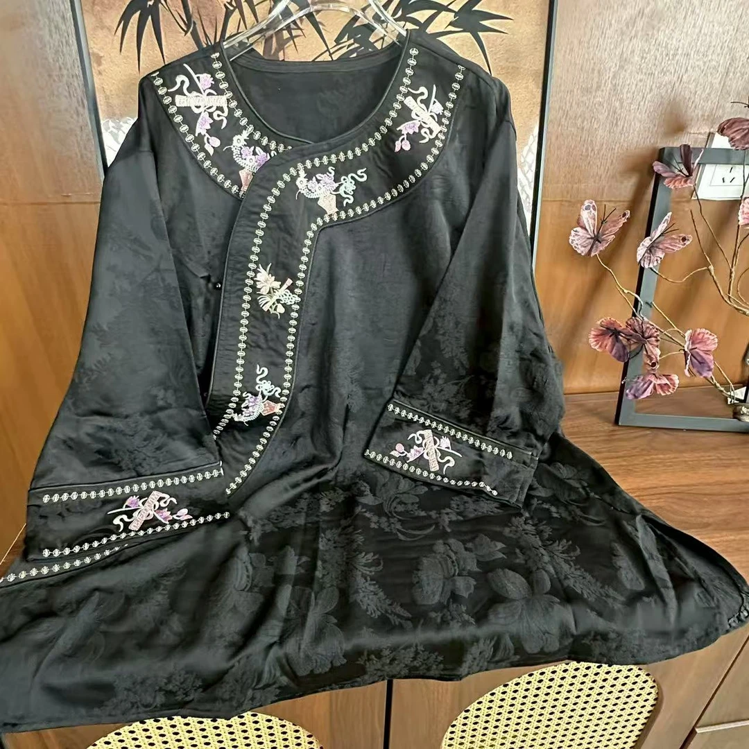 【知否】新中式大码斜襟醋酸包边重工刺绣打底衫上衣复古民族风国风