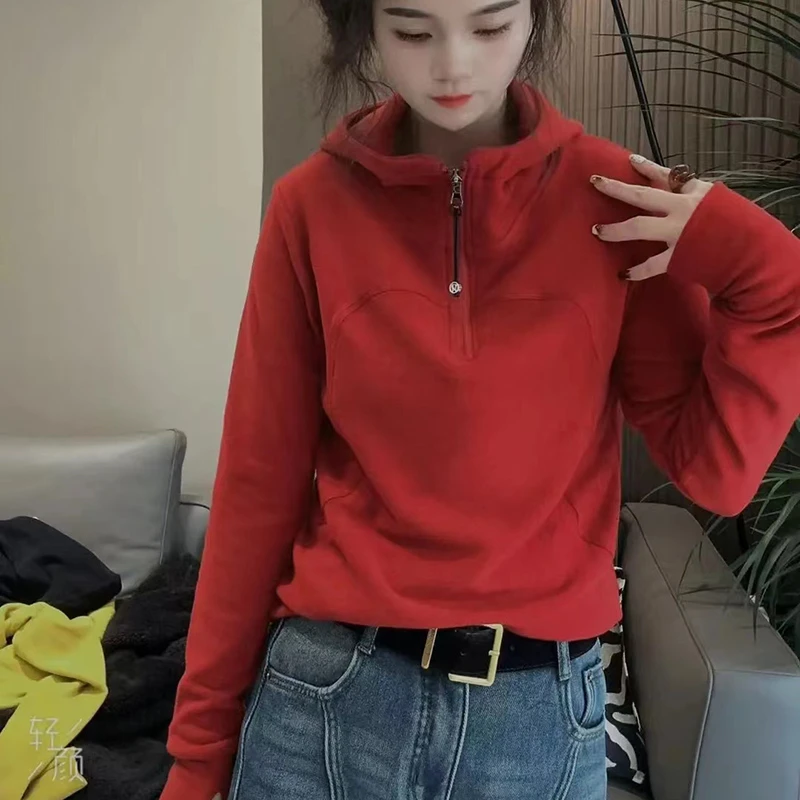 红色半拉链双面德绒连帽卫衣女2024冬季新款时尚百搭加厚保暖上衣