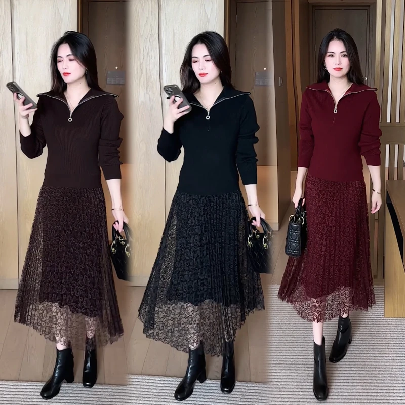 针织连衣裙女装春秋2025新款时尚显瘦秋冬配大衣洋气假两件套裙子