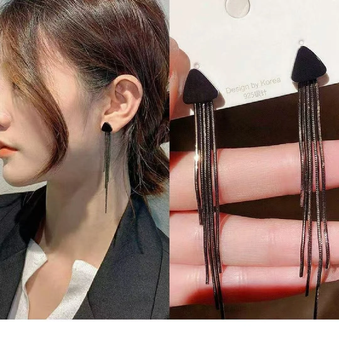 非金属树脂耳饰 黑色耳环复古时尚长款流苏耳环新款显脸瘦耳饰女