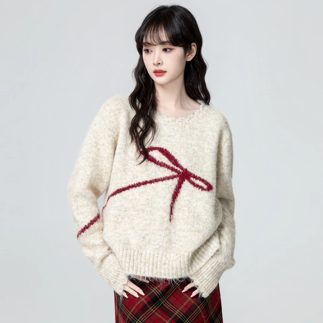 杏色圆领套头毛衣女春秋2025秋季新款宽松软糯针织衫短款长袖上衣