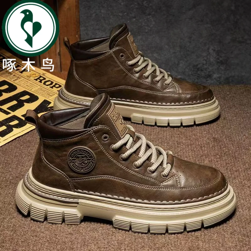 【正品】啄木鸟马丁靴男高帮秋季英伦风复古真皮男士休闲皮鞋中帮