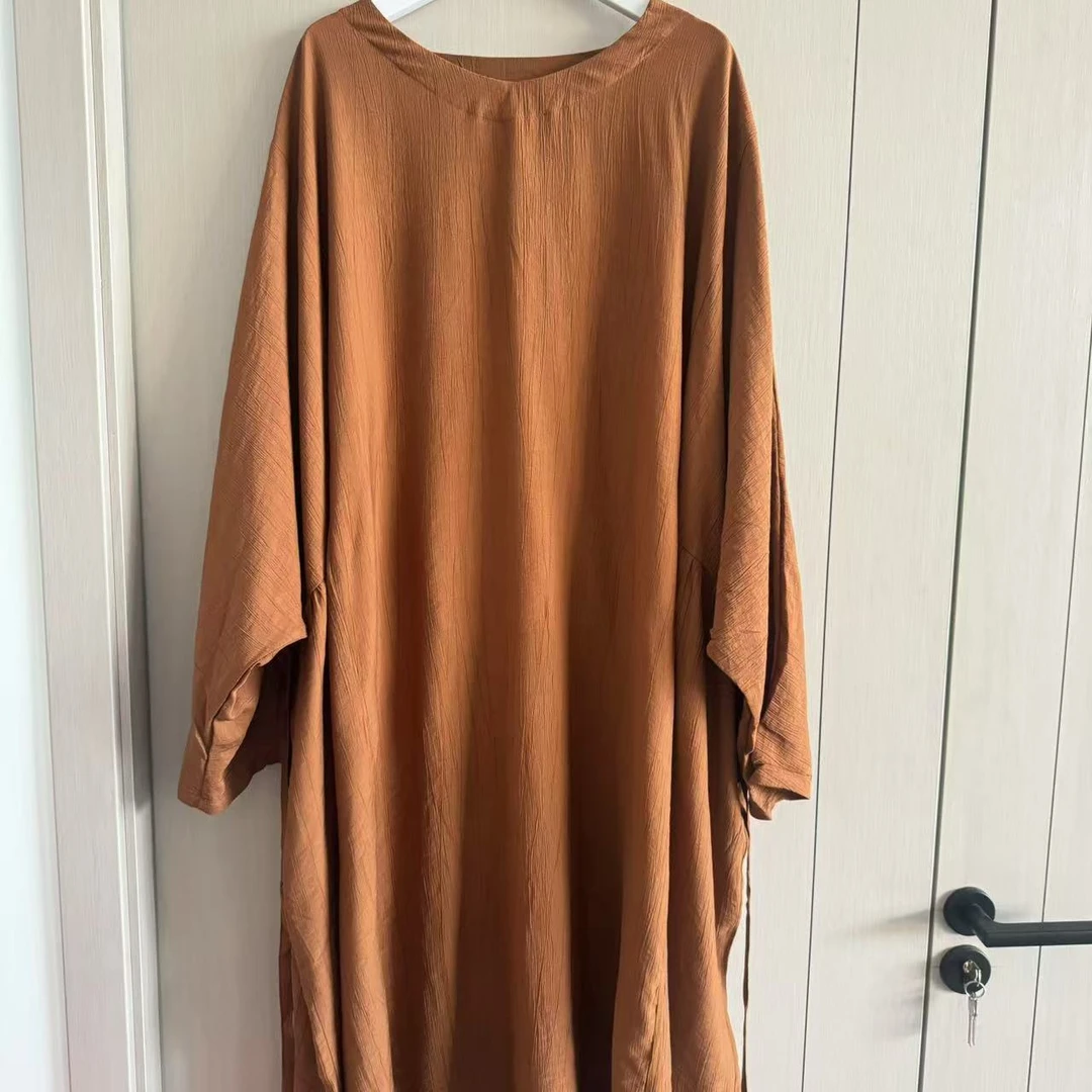 【沐木流浪记】咖色竖纹理圆领时尚连衣裙Z