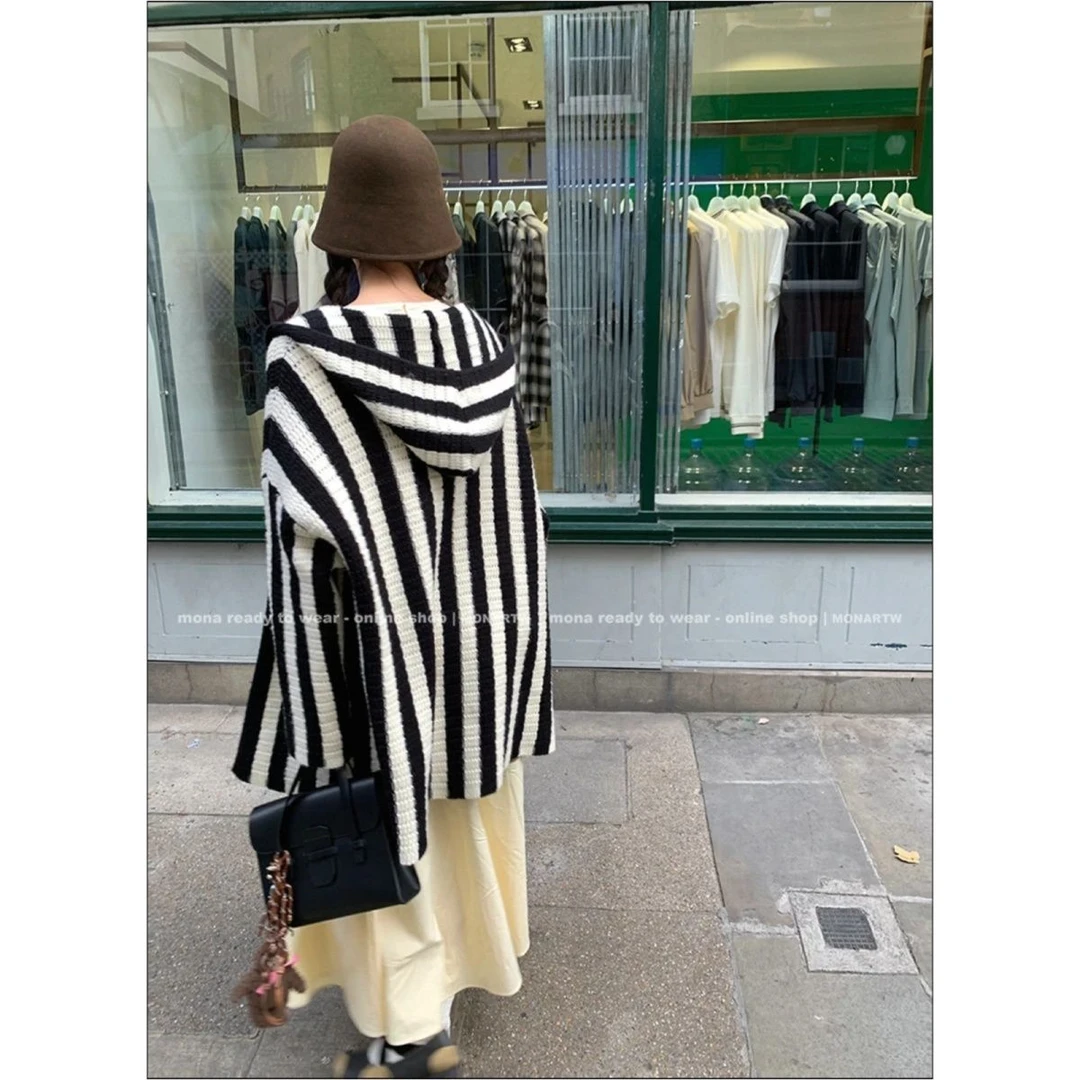 中长款慵懒风毛针织衫外搭条纹套头黑白上衣宽松连帽春秋冬季